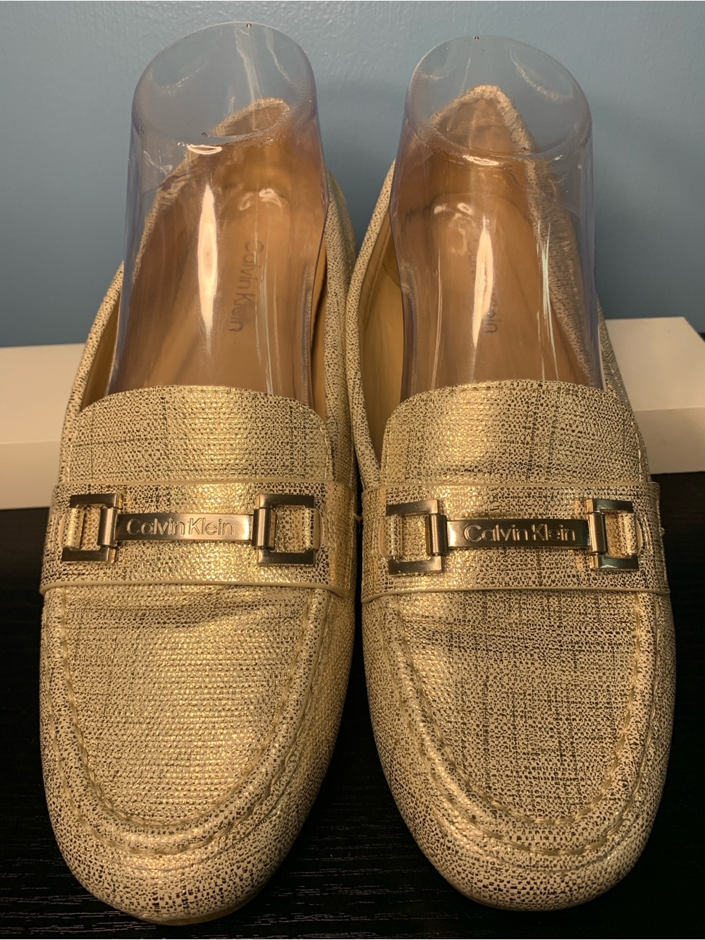 Calvin Klein Metallic Gold Slip-On Loafers with Logo Accent